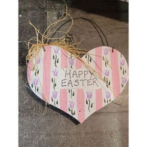 Wooden heart Happy Easter pink white striped hanging wall home decor